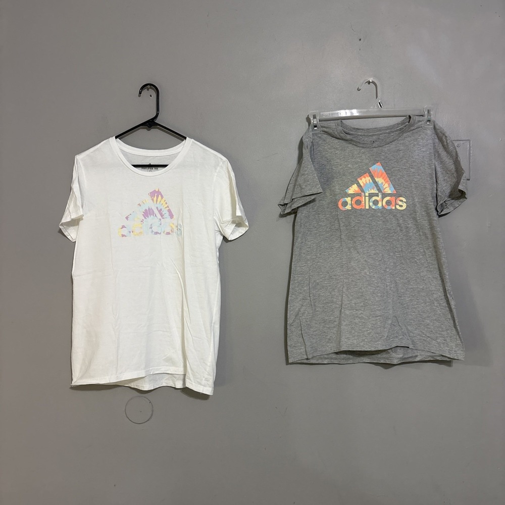 Adidas Women's Large Gray White Lot of 2 Athletic Sportswear Casual Top Shirt